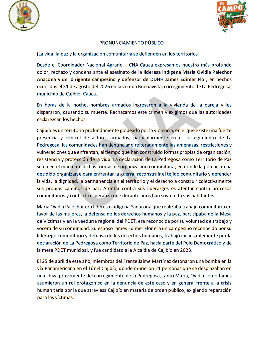 Pronunciamiento publico CNA Cauca 1