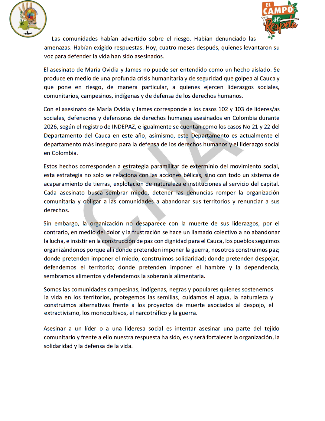 Pronunciamiento publico CNA Cauca 2
